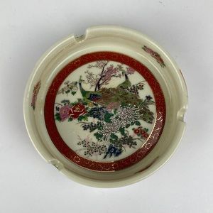 Satsuma Japan VTG Peacock & Lotus Flower Porcelain Ashtray 4.25”